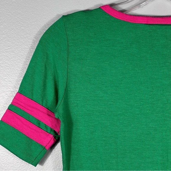 LuLaRoe Green Pink Julia Dress Size XS Varsity Stretch Sheath T Shirt Shift EUC - Picture 7 of 8